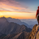 ** A panoramic view of a majestic mountain range at sunset, with a lone climber silhouetted against the vibrant sky. Focus on the beauty of the landscape and the climber's small size in comparison. Include Arabic cultural elements in the climber's attire.

**