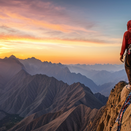 Home 11 ** A panoramic view of a majestic mountain range at sunset, with a lone climber silhouetted against the vibrant sky. Focus on the beauty of the landscape and the climber's small size in comparison. Include Arabic cultural elements in the climber's attire.
**