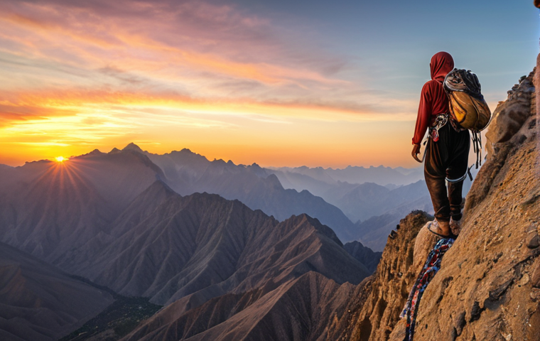 ** A panoramic view of a majestic mountain range at sunset, with a lone climber silhouetted against the vibrant sky. Focus on the beauty of the landscape and the climber's small size in comparison. Include Arabic cultural elements in the climber's attire.
**