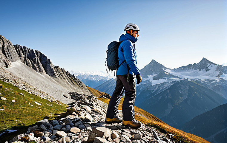 A professional adult male mountain climber, fully clothed in a modular layering system designed for diverse alpine conditions, featuring a waterproof and breathable outer shell, an insulated mid-layer, and a moisture-wicking base layer. His modest clothing and appropriate attire are suitable for a rugged mountain environment. He stands confidently on a rocky mountain path, gazing at a majestic, snow-capped peak under a dynamic sky. He wears a protective helmet, durable hiking pants, and specialized gloves. The image captures the essence of technical outdoor gear. Professional photography, high resolution, sharp focus, natural lighting, perfect anatomy, correct proportions, natural pose, well-formed hands, proper finger count, natural body proportions, safe for work, appropriate content, fully clothed, professional, family-friendly.