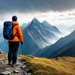 A lone trekker, fully clothed in modest and appropriate layered hiking attire, equipped with professional outdoor gear. They stand on a winding mountain trail, observing the dramatically shifting weather as bright sunlight begins to give way to rapidly gathering, misty clouds over the majestic peaks. The vast mountain landscape emphasizes the scale of nature. Professional photography, high detail, perfect anatomy, correct proportions, natural pose, well-formed hands, proper finger count, natural body proportions, safe for work, appropriate content, fully clothed, family-friendly.