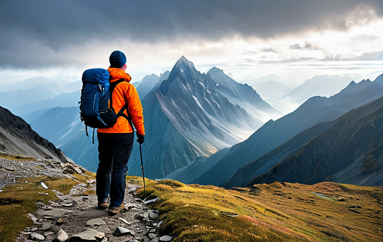 A lone trekker, fully clothed in modest and appropriate layered hiking attire, equipped with professional outdoor gear. They stand on a winding mountain trail, observing the dramatically shifting weather as bright sunlight begins to give way to rapidly gathering, misty clouds over the majestic peaks. The vast mountain landscape emphasizes the scale of nature. Professional photography, high detail, perfect anatomy, correct proportions, natural pose, well-formed hands, proper finger count, natural body proportions, safe for work, appropriate content, fully clothed, family-friendly.