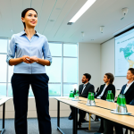 **Sustainable Tourism Advocate:** "A professional environmental activist, fully clothed in modest attire, presenting a seminar on eco-friendly travel in a modern conference hall, appropriate content, safe for work, perfect anatomy, natural proportions, professional presentation, high quality."