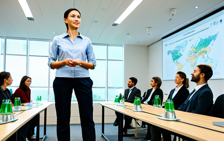**Sustainable Tourism Advocate:** "A professional environmental activist, fully clothed in modest attire, presenting a seminar on eco-friendly travel in a modern conference hall, appropriate content, safe for work, perfect anatomy, natural proportions, professional presentation, high quality."