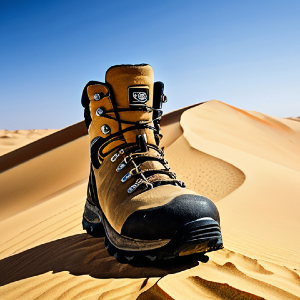 등산 물집 예방과 대처법 - **Prompt 1: The Contrast of Comfort and Discomfort in a Desert Trek**
    "A close-up, ground-level ...