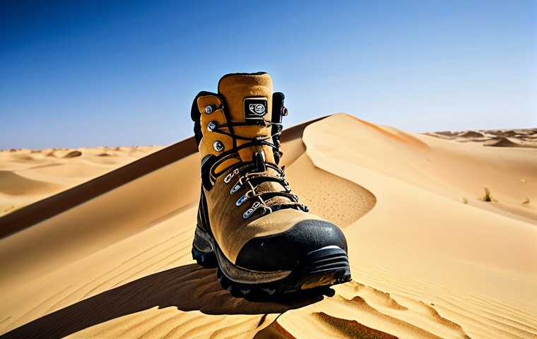 등산 물집 예방과 대처법 - **Prompt 1: The Contrast of Comfort and Discomfort in a Desert Trek**
"A close-up, ground-level ...