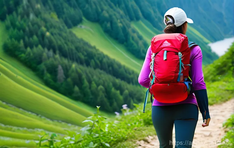 등산 배낭 추천 브랜드 - **Prompt 1 (15-30L backpack):** "A young female hiker, aged mid-20s, with a radiant smile, confident...