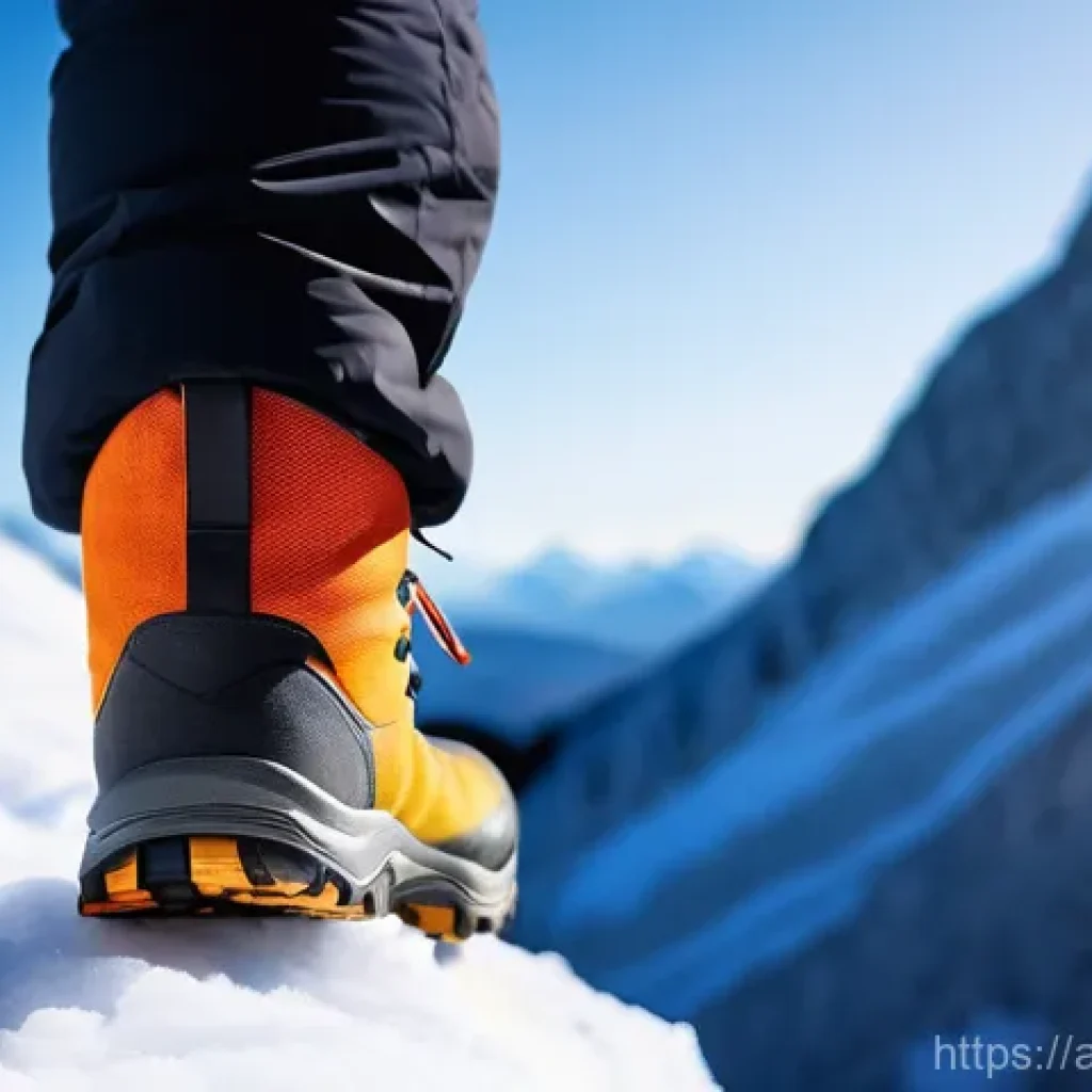 겨울 등산 장비 체크리스트 - **Prompt 1: Winter Footwear in Action**
"A close-up, eye-level shot of a hiker's feet and lower ...