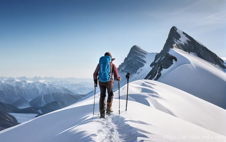 겨울 등산 장비 체크리스트 - **Prompt 1: Winter Footwear in Action**
    "A close-up, eye-level shot of a hiker's feet and lower ...