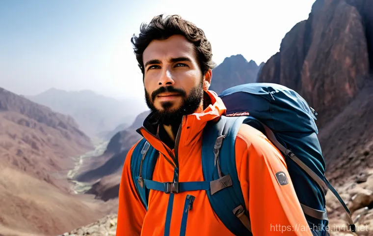 등산 마니아들이 선호하는 브랜드 - **Prompt:** A male hiker, with a sun-kissed, rugged face, standing proudly amidst the majestic, rock...