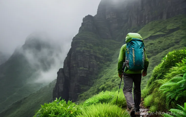 등산용 방수 지퍼백 추천 - **Prompt 1: Mountain Trek in Unexpected Rain**
"A male adventurer, in his late 20s to early 30s,...