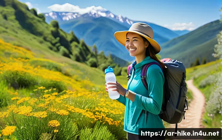 봄철 등산 추천 코스 - **Image Prompt:** "A young woman in her early 20s wearing modest hiking attire (long-sleeved shirt, ...