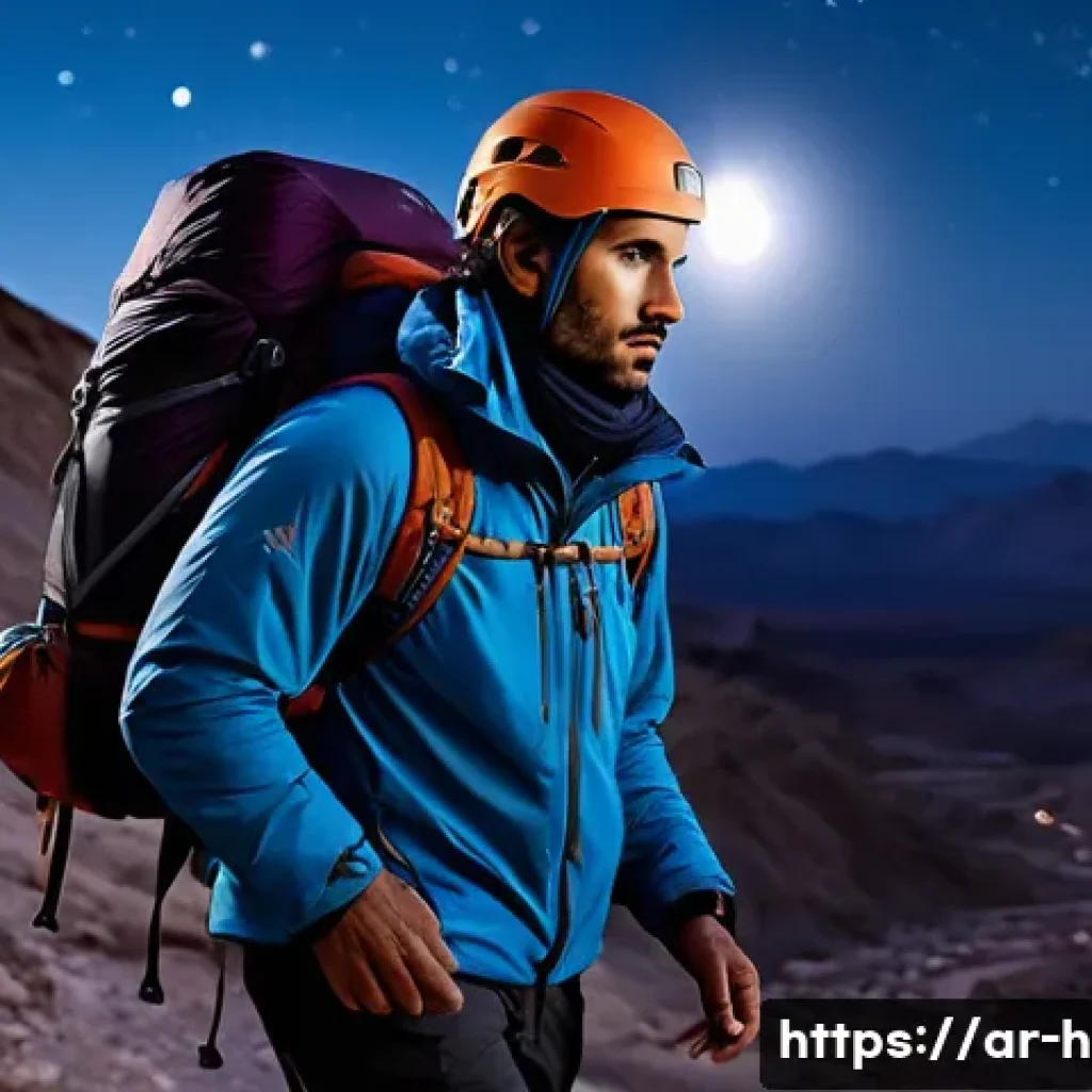 등산용 헤드램프 추천 - A detailed scene of an experienced Arab male mountain climber wearing a high-quality, lightweight he...