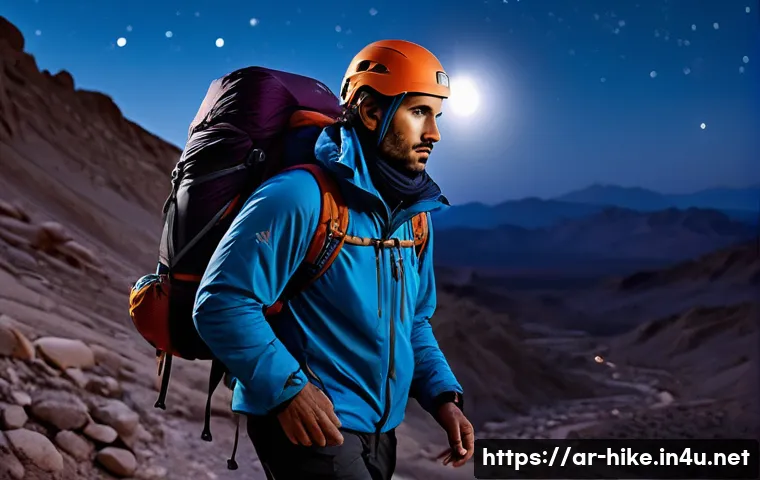 등산용 헤드램프 추천 - A detailed scene of an experienced Arab male mountain climber wearing a high-quality, lightweight he...