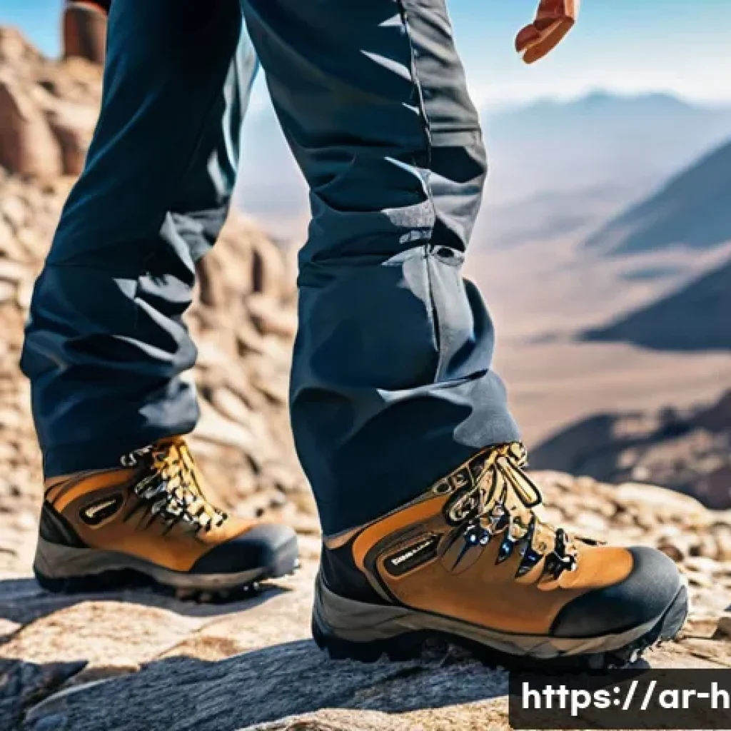 등산 필수 장비 리스트 - A rugged mountain climber standing on a rocky trail under a bright clear sky, wearing sturdy, thick-...
