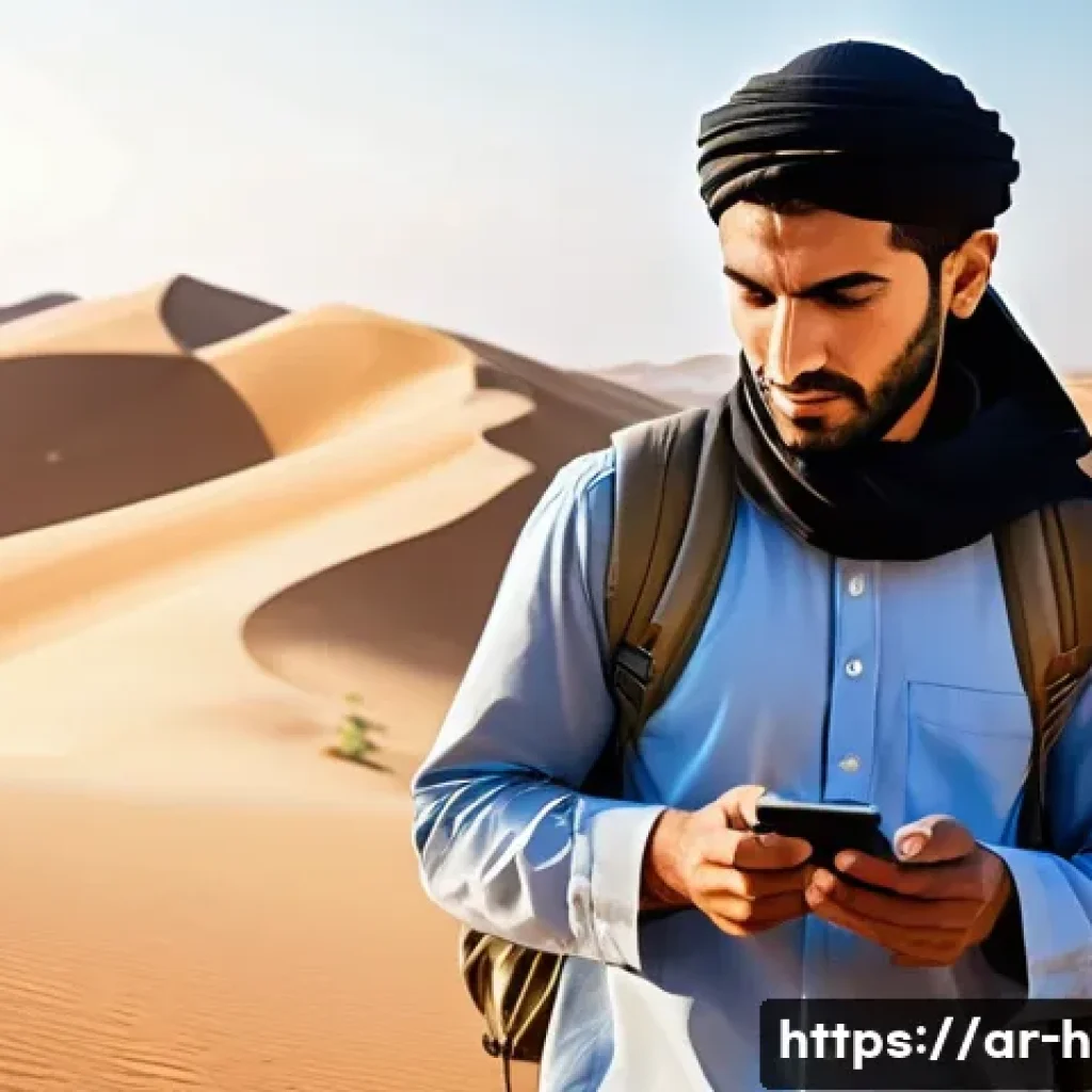 등산 중 휴대폰 배터리 절약 팁 - A detailed scene of an Arabic man hiking in a desert landscape during a sunny day, wearing lightweig...
