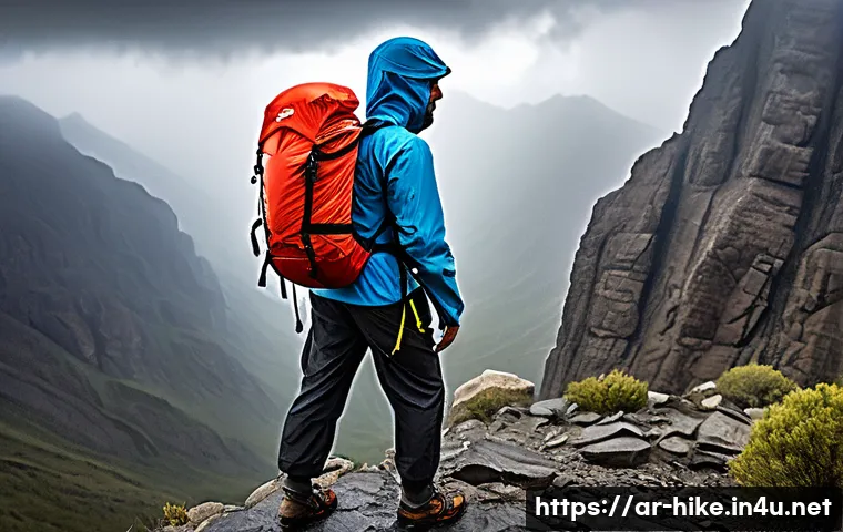 등산용 레인 커버의 장점 - A detailed scene of an experienced Arabic climber wearing a lightweight, waterproof nylon rain cover...