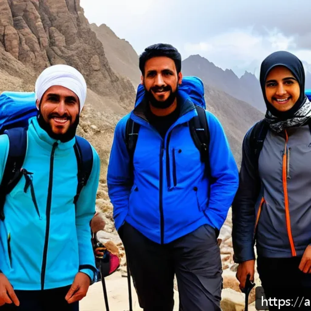 등산 중 감기 예방 노하우 - A group of Arabic hikers in the Middle Eastern mountains wearing multi-layered clothing: moisture-wi...