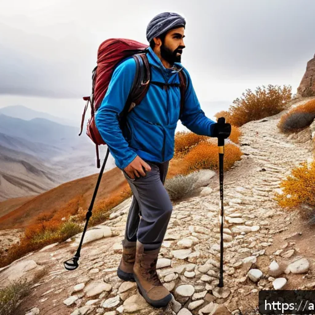 등산 스틱 꼭 필요한 이유 - A Middle Eastern man hiking on a rocky mountain trail during late autumn, wearing lightweight hiking...