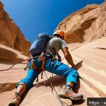 등산 장비 렌탈 가이드 - A detailed scene of a Middle Eastern rock climber in Saudi Arabia wearing a high-quality, adjustable...