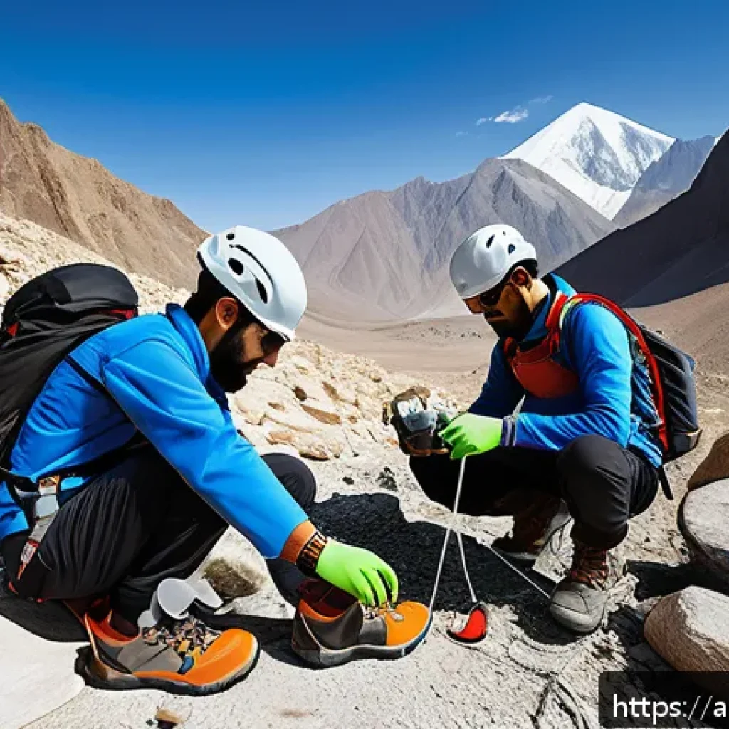 등산 중 발생할 수 있는 부상 - A group of Arabic climbers wearing durable climbing shoes with high grip and ankle support, helmets,...