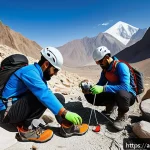 등산 중 발생할 수 있는 부상 - A group of Arabic climbers wearing durable climbing shoes with high grip and ankle support, helmets,...