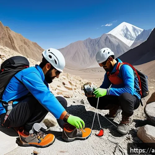 등산 중 발생할 수 있는 부상 - A group of Arabic climbers wearing durable climbing shoes with high grip and ankle support, helmets,...