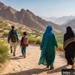 등산의 장기적인 건강 효과 - A serene mountain hiking scene featuring a diverse group of Arab adults and children dressed in mode...