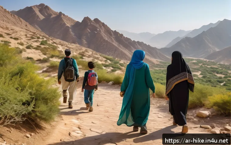 등산의 장기적인 건강 효과 - A serene mountain hiking scene featuring a diverse group of Arab adults and children dressed in mode...