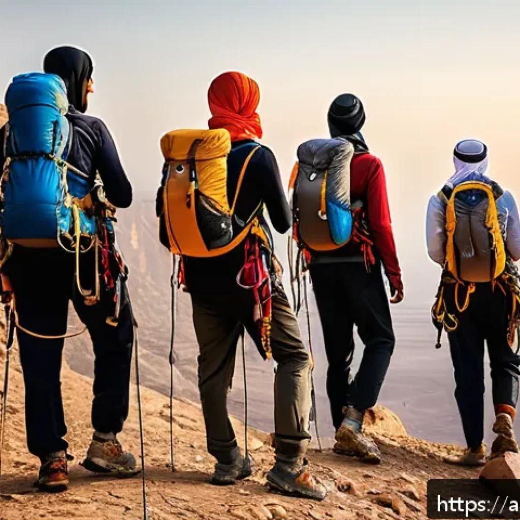 등산 안전사고 사례와 교훈 - A group of Arab climbers preparing for a mountain ascent at dawn in a rugged desert mountain range t...
