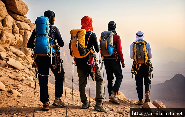 등산 안전사고 사례와 교훈 - A group of Arab climbers preparing for a mountain ascent at dawn in a rugged desert mountain range t...