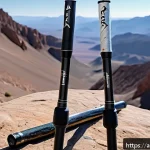 등산 스틱 소재별 장단점 - A detailed close-up image of hiking poles made from aluminum and carbon fiber materials, displayed s...