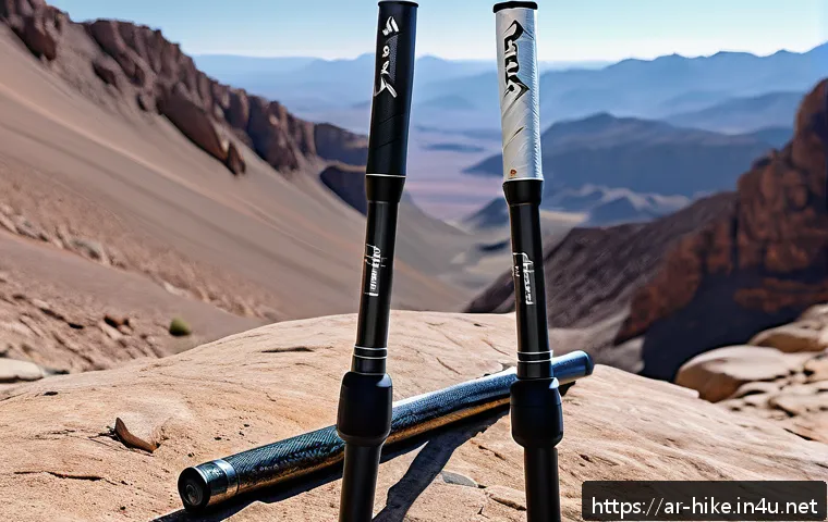 등산 스틱 소재별 장단점 - A detailed close-up image of hiking poles made from aluminum and carbon fiber materials, displayed s...