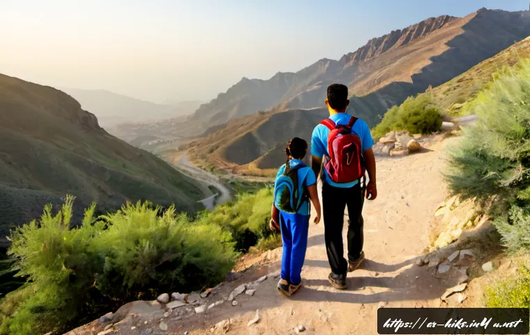 가족과 함께하는 등산 코스 추천 - Photorealistic Arab family hiking on a gentle, well-marked mountain trail at golden morning light, p...