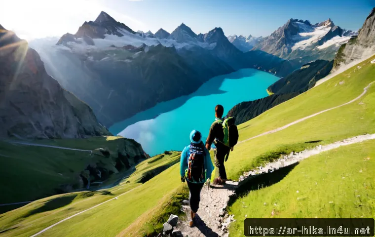 해외 유명 등산 여행지 - Photorealistic wide-angle sunrise view of a famous alpine hiking destination in the Swiss Alps, a mo...